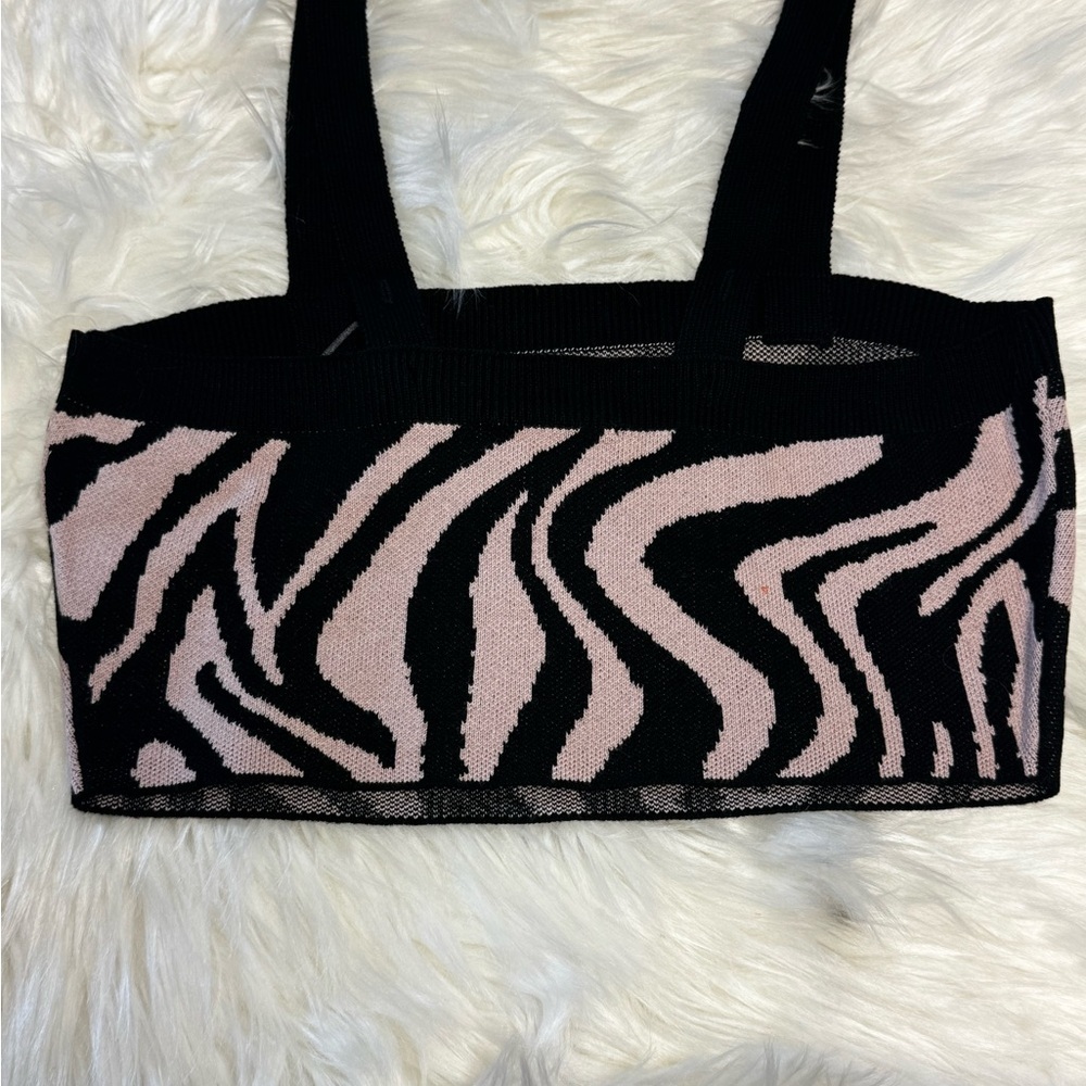 Zebra Knit Crop Top M NWT Black Blush Pink 100% Cotton Tank 525 America - Picture 4 of 7